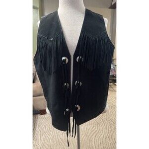 Rock Creek Western Black Leather Vest with Fringe Size Large